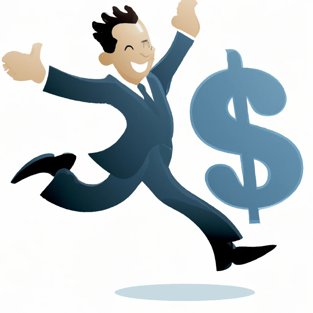 A man full of joy running toward a giant dollar sign.