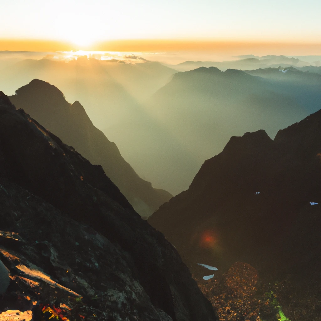 A sunrise in the Alps, overlooking a valley, but higher than the clouds