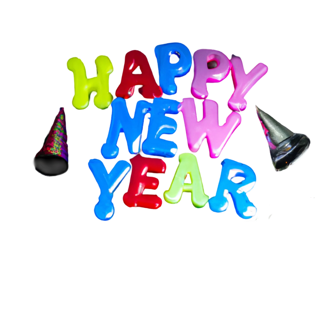 Happy new year in playful, colorful letters with party favors strown about