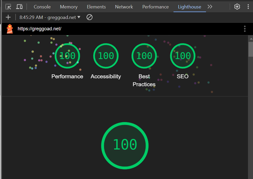 A google lighthouse score of all 100's. Lighthouse plays fireworks when that happens